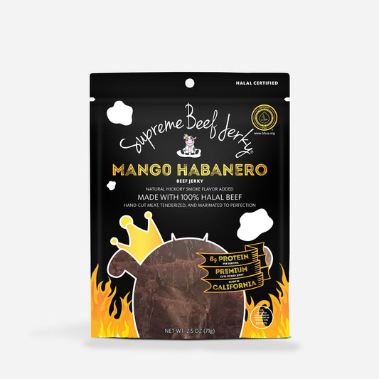 HALAL BEEF JERKY, MARINATED SPICY BEEF JERKY, HANDCRAFTED GOURMET MEAT SNACKS, 2.5 OZ (MANGO HABANERO)