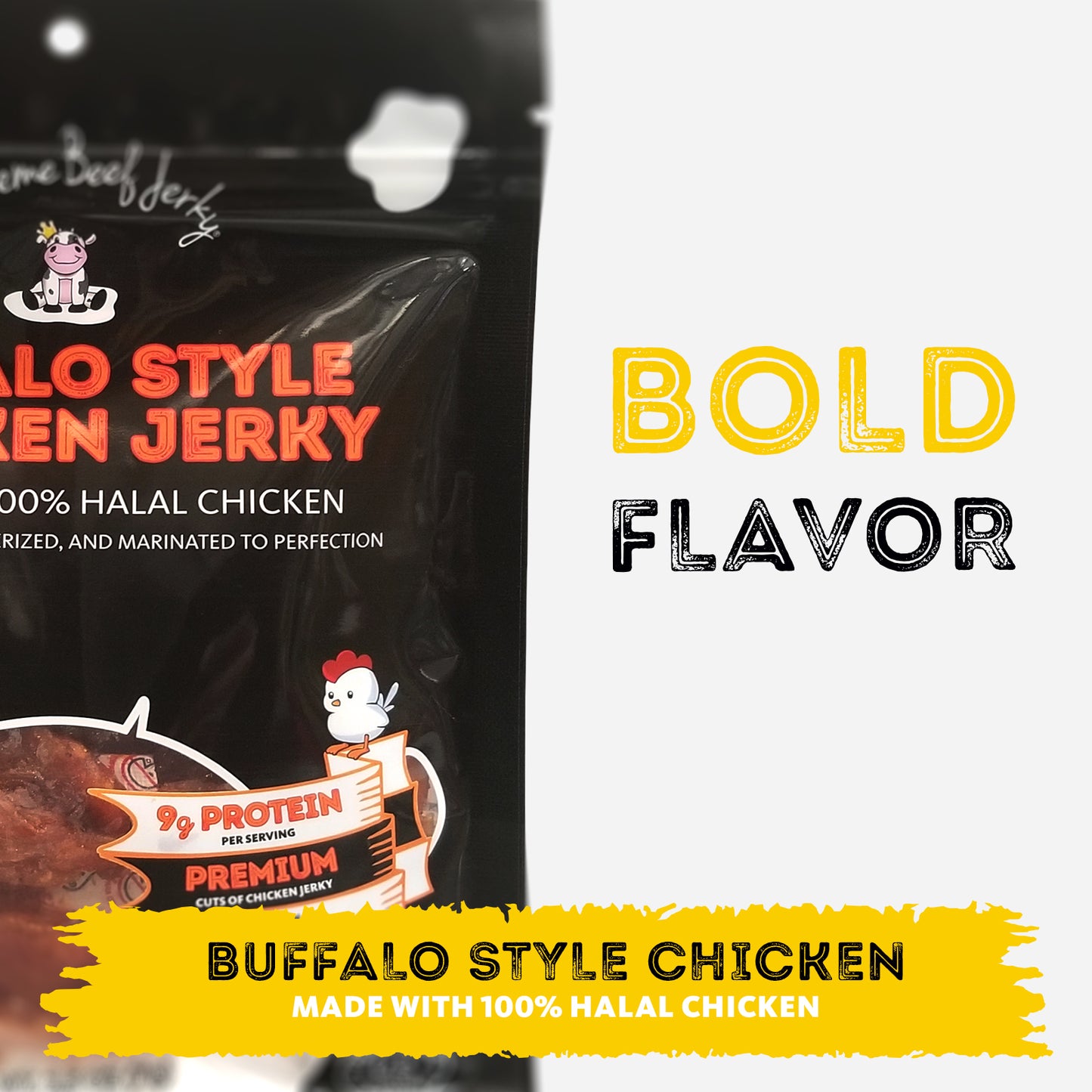 HALAL CHICKEN JERKY, MARINATED CHICKEN JERKY, HANDCRAFTED GOURMET MEAT SNACKS, 2.5 OZ (BUFFALO STYLE CHICKEN)