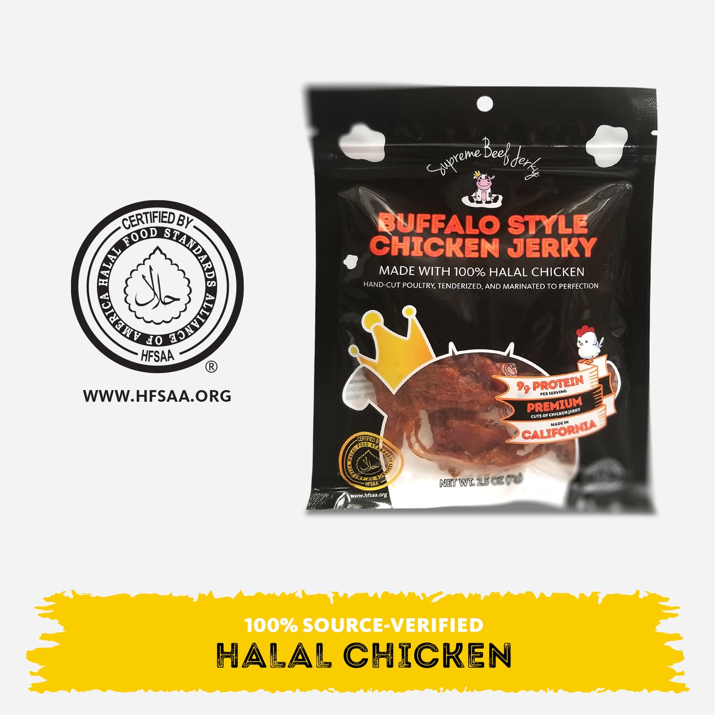 HALAL CHICKEN JERKY, MARINATED CHICKEN JERKY, HANDCRAFTED GOURMET MEAT SNACKS, 2.5 OZ (BUFFALO STYLE CHICKEN)