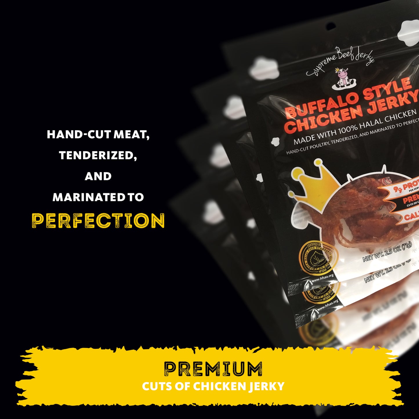 HALAL CHICKEN JERKY, MARINATED CHICKEN JERKY, HANDCRAFTED GOURMET MEAT SNACKS, 2.5 OZ (BUFFALO STYLE CHICKEN)