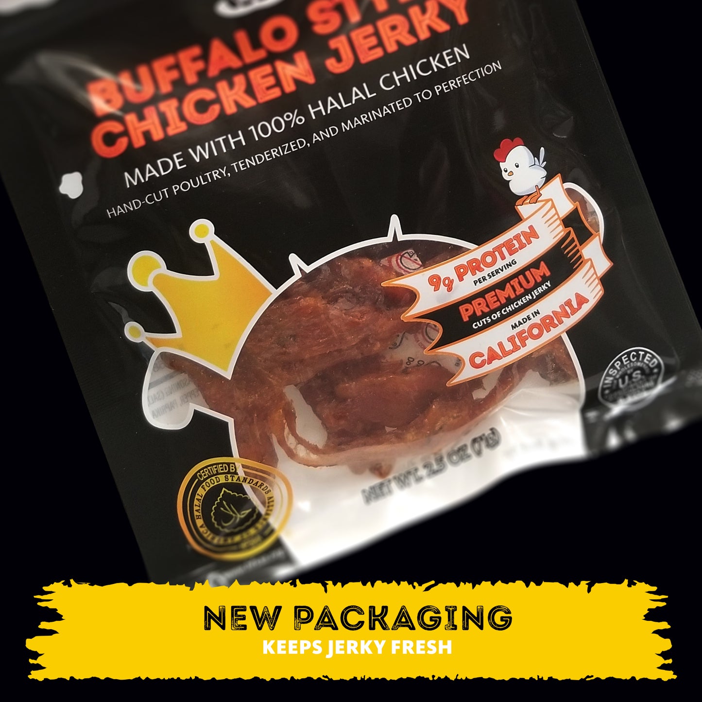 HALAL CHICKEN JERKY, MARINATED CHICKEN JERKY, HANDCRAFTED GOURMET MEAT SNACKS, 2.5 OZ (BUFFALO STYLE CHICKEN)