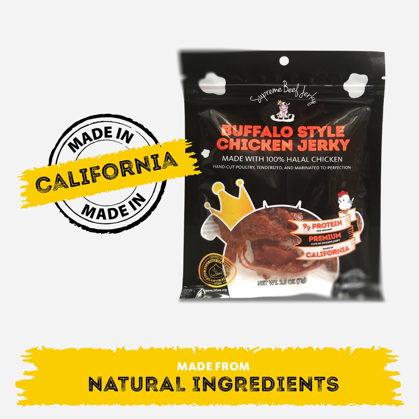 HALAL CHICKEN JERKY, MARINATED CHICKEN JERKY, HANDCRAFTED GOURMET MEAT SNACKS, 2.5 OZ (BUFFALO STYLE CHICKEN)