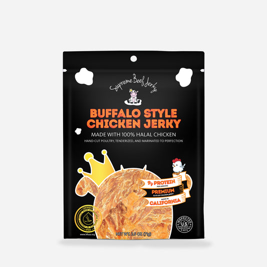 HALAL CHICKEN JERKY, MARINATED CHICKEN JERKY, HANDCRAFTED GOURMET MEAT SNACKS, 2.5 OZ (BUFFALO STYLE CHICKEN)