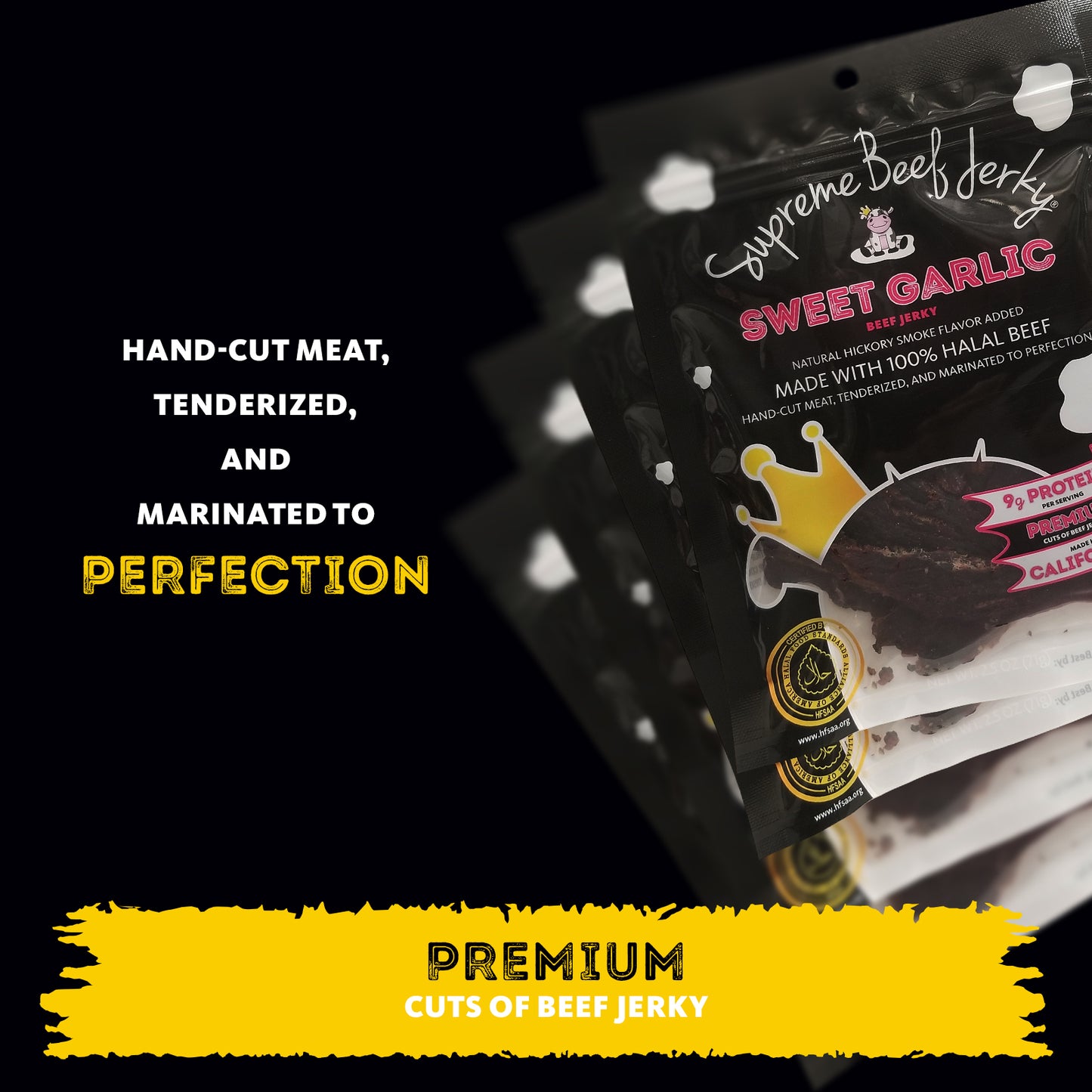 HALAL BEEF JERKY, MARINATED BEEF JERKY, HANDCRAFTED GOURMET MEAT SNACKS, 2.5 OZ (SWEET GARLIC)