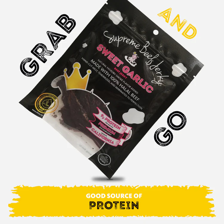 B2G1 DEAL - HALAL BEEF JERKY, MARINATED BEEF JERKY, HANDCRAFTED GOURMET MEAT SNACKS, 2.5 OZ (SWEET GARLIC) 3-PACK