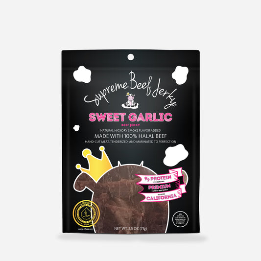 HALAL BEEF JERKY, MARINATED BEEF JERKY, HANDCRAFTED GOURMET MEAT SNACKS, 2.5 OZ (SWEET GARLIC)
