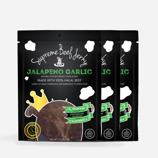 B2G1 DEAL - HALAL BEEF JERKY, MARINATED SPICY BEEF JERKY, HANDCRAFTED GOURMET MEAT SNACKS, 2.5 OZ (JALAPENO GARLIC) 3-PACK