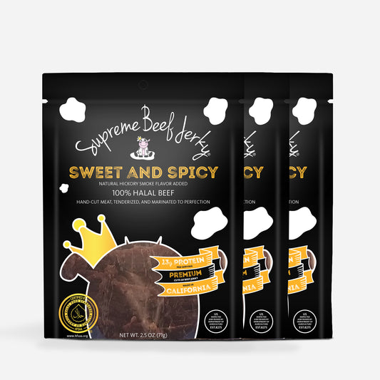 B2G1 DEAL - HALAL BEEF JERKY, MARINATED SPICY BEEF JERKY, HANDCRAFTED GOURMET MEAT SNACKS, 2.5 OZ (SWEET AND SPICY) 3-PACK