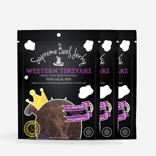 B2G1 DEAL - HALAL BEEF JERKY, MARINATED SPICY BEEF JERKY, HANDCRAFTED GOURMET MEAT SNACKS, 2.5 OZ (WESTERN TERIYAKI) 3-PACK