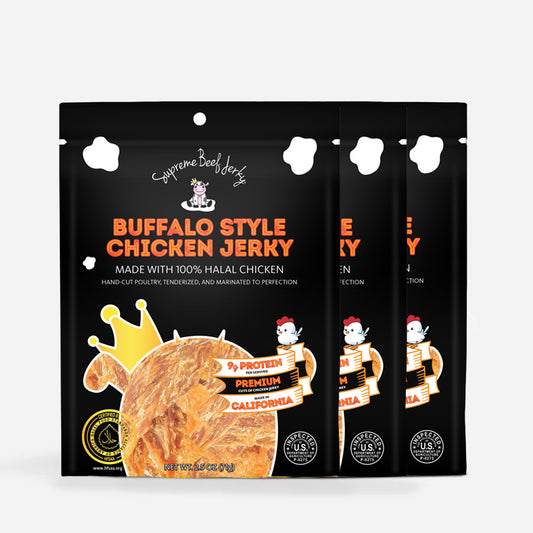 B2G1 DEAL - HALAL BEEF JERKY, MARINATED BEEF JERKY, HANDCRAFTED GOURMET MEAT SNACKS, 2.5 OZ (BUFFALO STYLE CHICKEN) 3-PACK