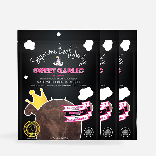 B2G1 DEAL - HALAL BEEF JERKY, MARINATED BEEF JERKY, HANDCRAFTED GOURMET MEAT SNACKS, 2.5 OZ (SWEET GARLIC) 3-PACK
