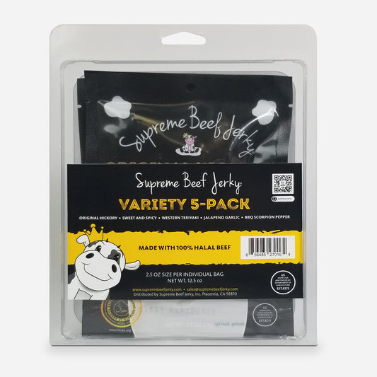 VARIETY 5-PACK, 2.5 OZ, HALAL BEEF JERKY, MARINATED BEEF JERKY, HANDCRAFTED GOURMET MEAT SNACKS