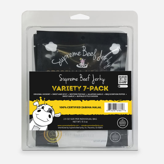 VARIETY 7-PACK, 2.5 OZ, HALAL BEEF AND CHICKEN JERKY, MARINATED JERKY, HANDCRAFTED GOURMET MEAT SNACKS