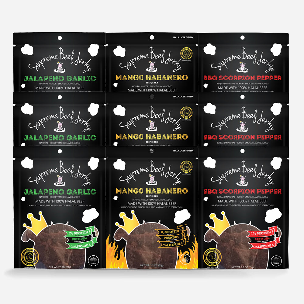 B6G3 DEAL - HALAL BEEF JERKY, MARINATED BEEF JERKY, HANDCRAFTED GOURMET MEAT SNACKS, 2.5 OZ (JALAPENO GARLIC, MANGO HABANERO, BBQ SCORPION PEPPER) 9-PACK