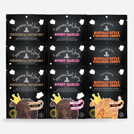 B6G3 DEAL - HALAL BEEF JERKY, MARINATED BEEF JERKY, HANDCRAFTED GOURMET MEAT SNACKS, 2.5 OZ (ORIGINAL HICKORY, SWEET GARLIC, BUFFALO STYLE CHICKEN) 9-PACK
