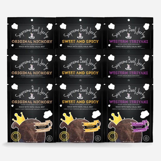 B6G3 DEAL - HALAL BEEF JERKY, MARINATED BEEF JERKY, HANDCRAFTED GOURMET MEAT SNACKS, 2.5 OZ (ORIGINAL HICKORY, SWEET AND SPICY, WESTERN TERIYAKI) 9-PACK