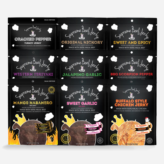 VARIETY 9-PACK, 2.5 OZ, HALAL BEEF, CHICKEN AND TURKEY JERKY, MARINATED JERKY, HANDCRAFTED GOURMET MEAT SNACKS