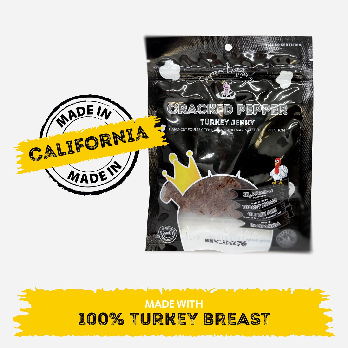 HALAL TURKEY JERKY, GLUTEN FREE TURKEY JERKY, MARINATED AND HANDCRAFTED GOURMET MEAT SNACKS, 2.5 OZ (CRACKED PEPPER TURKEY)