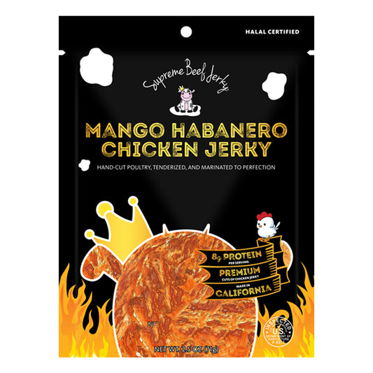 HALAL CHICKEN JERKY, MARINATED CHICKEN JERKY, HANDCRAFTED GOURMET MEAT SNACKS, 2.5 OZ (MANGO HABANERO CHICKEN)