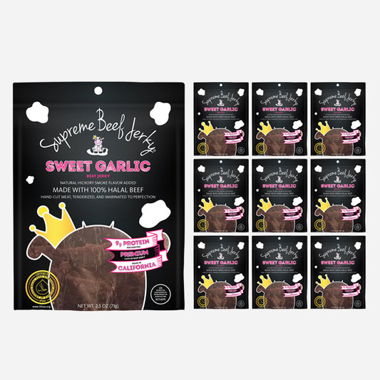 10-PACK, 2.5 OZ BAG, HALAL BEEF JERKY, MARINATED SPICY BEEF JERKY, HANDCRAFTED GOURMET MEAT SNACKS (SWEET GARLIC)