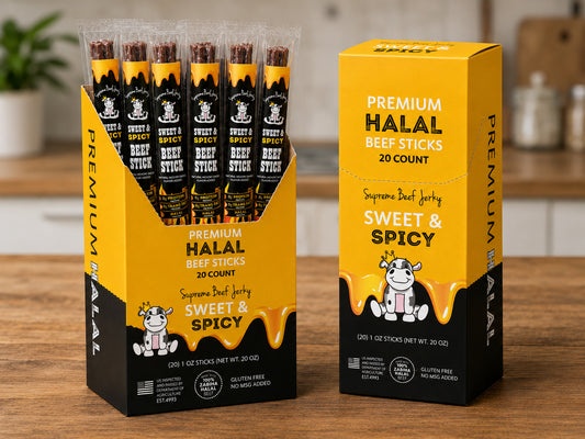 HALAL BEEF STICKS, SMOKED BEEF STICK, HANDCRAFTED GOURMET MEAT SNACKS, 20 COUNT, 1 OZ (SWEET & SPICY)