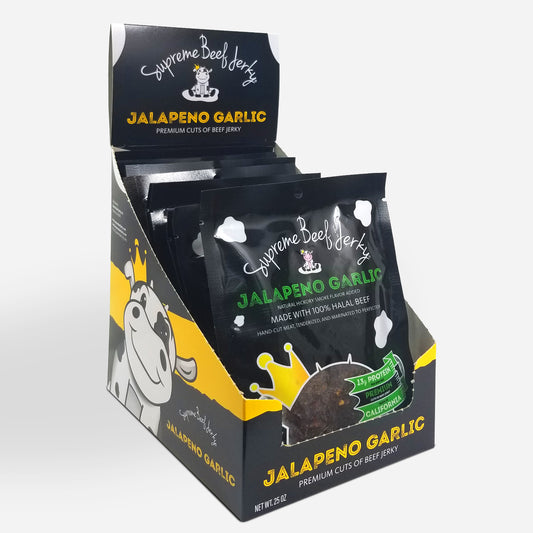 10-PACK, 2.5 OZ BAG, HALAL BEEF JERKY, MARINATED SPICY BEEF JERKY, HANDCRAFTED GOURMET MEAT SNACKS (JALAPENO GARLIC)