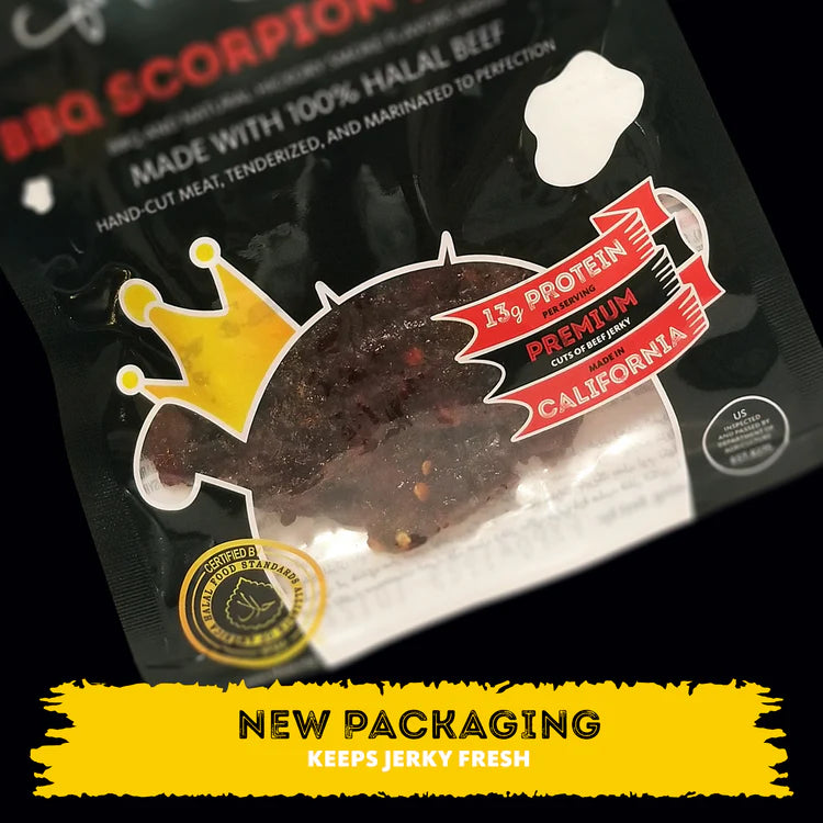 B2G1 DEAL - HALAL BEEF JERKY, MARINATED BEEF JERKY, HANDCRAFTED GOURMET MEAT SNACKS, 2.5 OZ (BBQ SCORPION PEPPER) 3-PACK