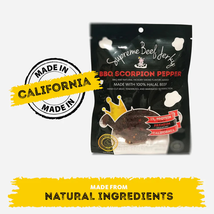 B2G1 DEAL - HALAL BEEF JERKY, MARINATED BEEF JERKY, HANDCRAFTED GOURMET MEAT SNACKS, 2.5 OZ (BBQ SCORPION PEPPER) 3-PACK