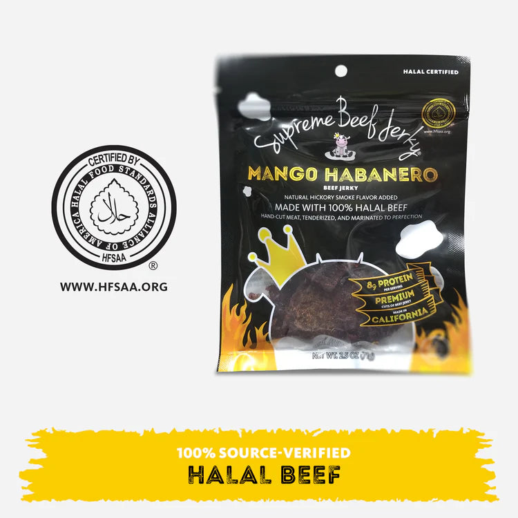 B2G1 DEAL - HALAL BEEF JERKY, MARINATED BEEF JERKY, HANDCRAFTED GOURMET MEAT SNACKS, 2.5 OZ (MANGO HABANERO) 3-PACK