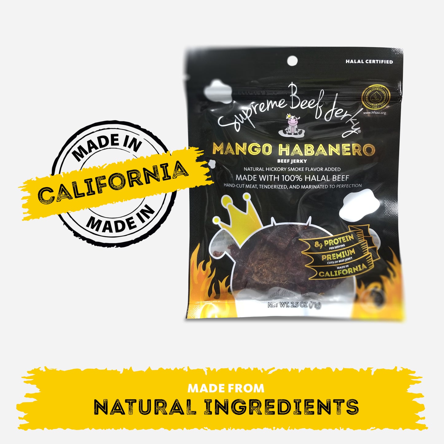 NOW AVAILABLE! HALAL BEEF JERKY, MARINATED SPICY BEEF JERKY, HANDCRAFTED GOURMET MEAT SNACKS, 2.5 OZ (MANGO HABANERO)