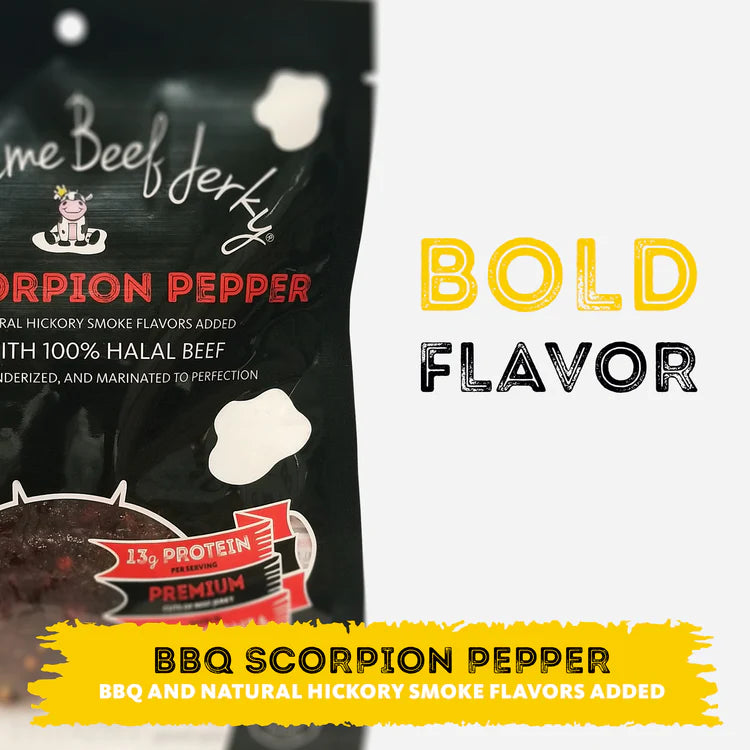 B2G1 DEAL - HALAL BEEF JERKY, MARINATED BEEF JERKY, HANDCRAFTED GOURMET MEAT SNACKS, 2.5 OZ (BBQ SCORPION PEPPER) 3-PACK