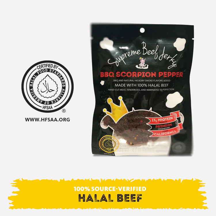 B2G1 DEAL - HALAL BEEF JERKY, MARINATED BEEF JERKY, HANDCRAFTED GOURMET MEAT SNACKS, 2.5 OZ (BBQ SCORPION PEPPER) 3-PACK