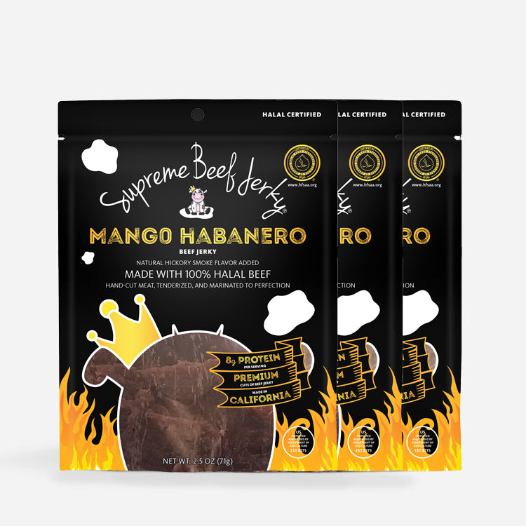 B2G1 DEAL - HALAL BEEF JERKY, MARINATED BEEF JERKY, HANDCRAFTED GOURMET MEAT SNACKS, 2.5 OZ (MANGO HABANERO) 3-PACK