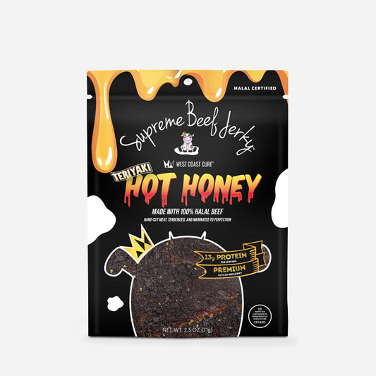 NEW HALAL BEEF JERKY, MARINATED BEEF JERKY TERIYAKI, HANDCRAFTED GOURMET MEAT SNACKS, 2.5 OZ (HOT HONEY TERIYAKI)