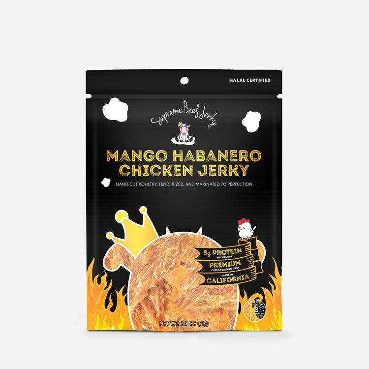 HALAL CHICKEN JERKY, MARINATED CHICKEN JERKY, HANDCRAFTED GOURMET MEAT SNACKS, 2.5 OZ (MANGO HABANERO CHICKEN)