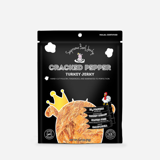 COMING SOON HALAL TURKEY JERKY, GLUTEN FREE TURKEY JERKY, MARINATED AND HANDCRAFTED GOURMET MEAT SNACKS, 2.5 OZ (CRACKED PEPPER TURKEY)