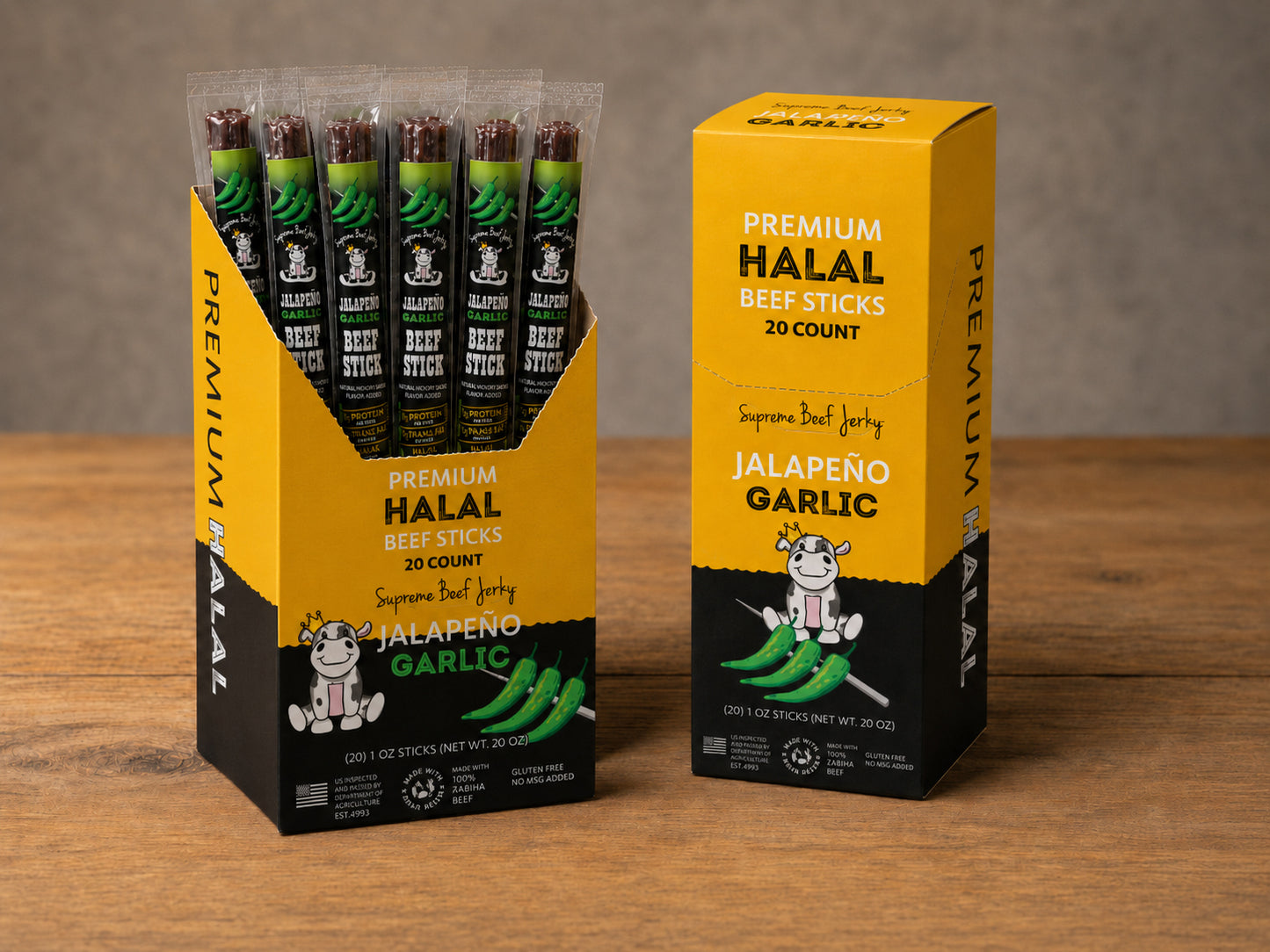 HALAL BEEF STICKS, SMOKED BEEF STICK, HANDCRAFTED GOURMET MEAT SNACKS, 20 COUNT, 1 OZ (JALAPENO GARLIC)