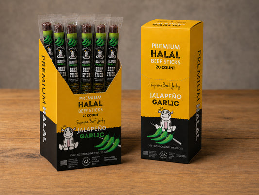HALAL BEEF STICKS, SMOKED BEEF STICK, HANDCRAFTED GOURMET MEAT SNACKS, 20 COUNT, 1 OZ (JALAPENO GARLIC)