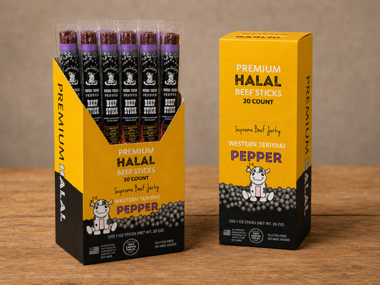 HALAL BEEF STICKS, SMOKED BEEF STICK, HANDCRAFTED GOURMET MEAT SNACKS, 20 COUNT, 1 OZ (WESTERN TERIYAKI PEPPER)