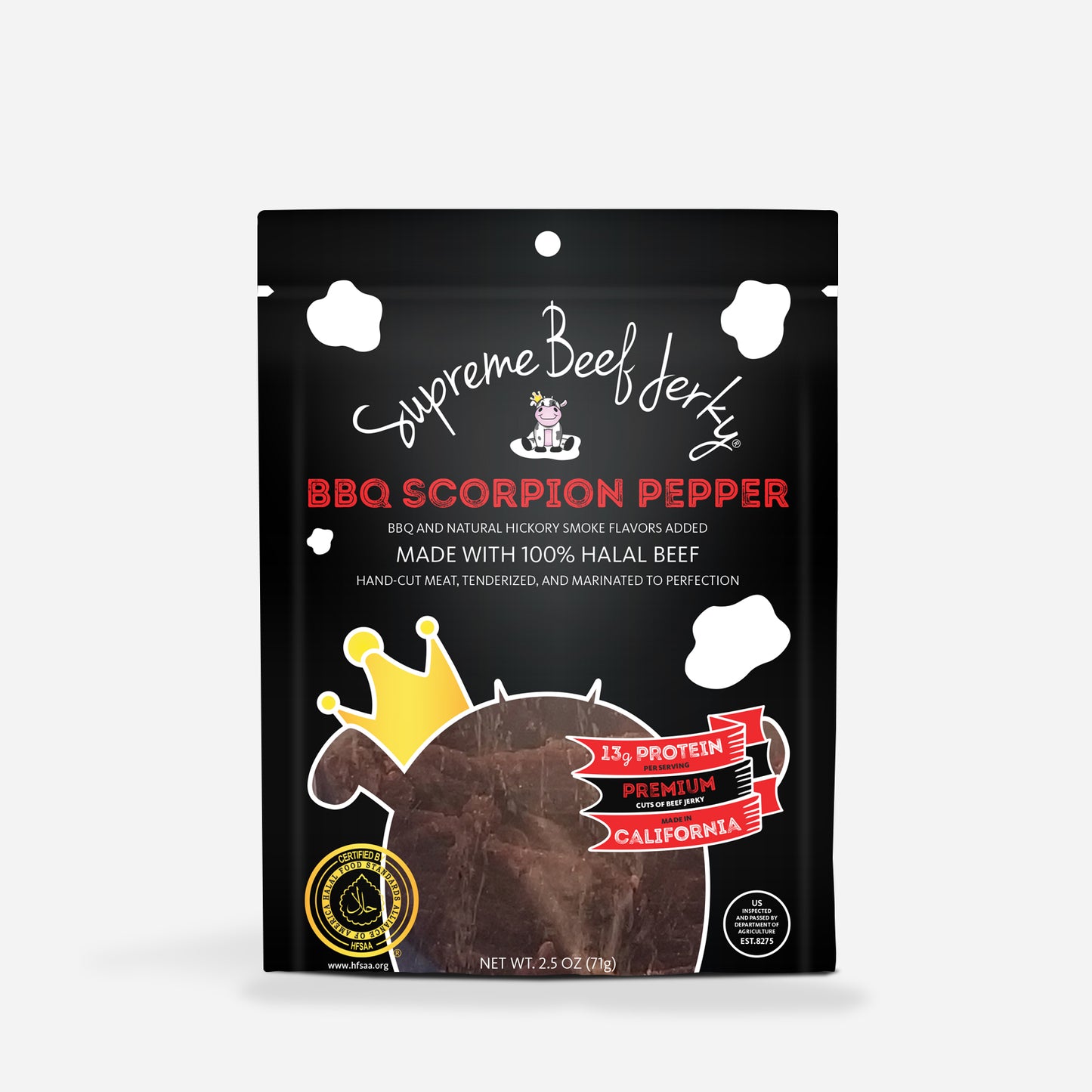 10-PACK, 2.5 OZ BAG, HALAL BEEF JERKY, MARINATED SPICY BEEF JERKY, HANDCRAFTED GOURMET MEAT SNACKS (BBQ SCORPION PEPPER)
